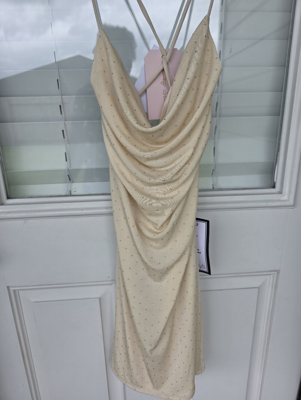 City Studio Beige Bodycon Dress M Cowl Neck Rhinestone Spaghetti Strap Backless - Picture 5 of 11